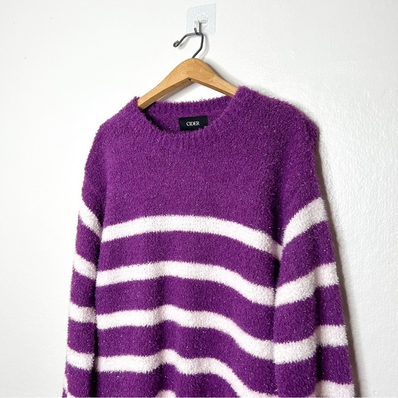 CIDER Purple Metallic Glitter Stripe Round Neck Fuzzy Knit Sweater Medium M - Picture 3 of 7